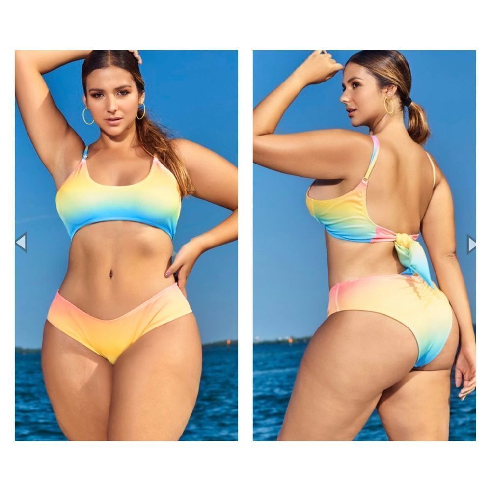 Plus Size Ombre Rainbow Bikini Set - Yellow Blue Pink